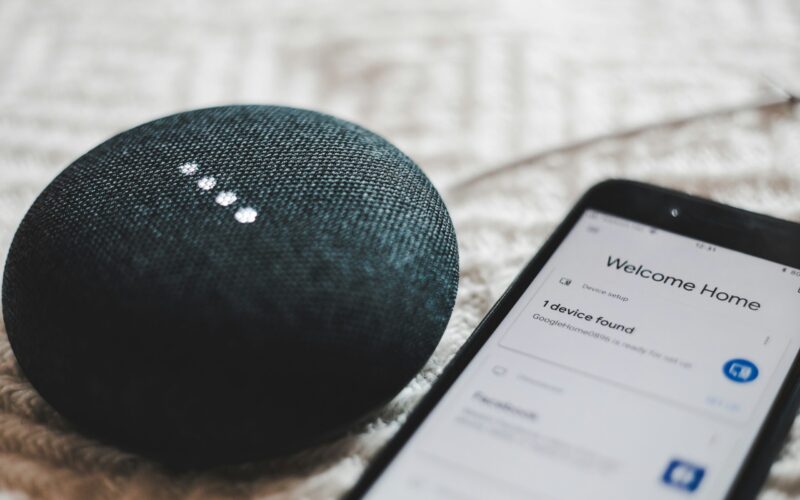 turned-on charcoal Google Home Mini and smartphone