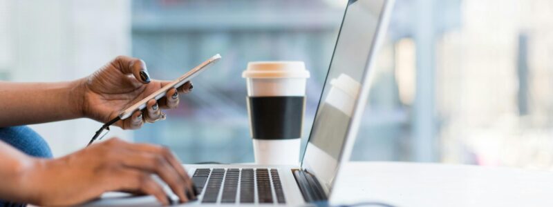 Free laptop on table top stock photo